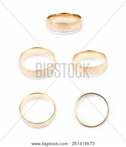 Golden Wedding Band Ring Isolated Over The White Background, Set Of Five Different Foreshortenings