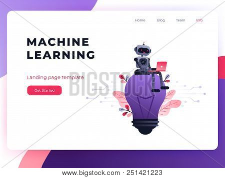 Machine Learning Algorithm Concept With Artificial Neural Network, Deep Learning. Robot With Laptop 