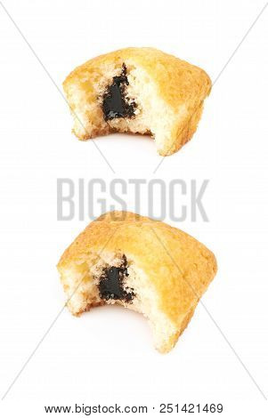 Chocolate Corn Muffin Isolated Over The White Background, Set Of Two Different Foreshortenings