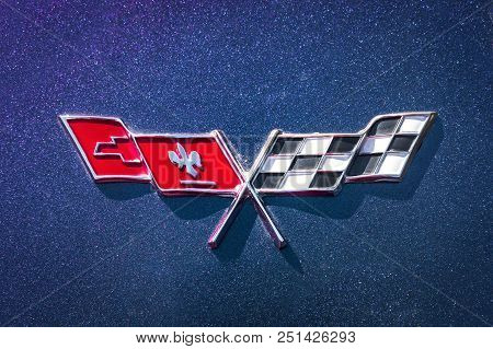 14 July 2018 Slany, Czech Republic: Close-up Of Chevrolet Corvette Sign On Blue Car