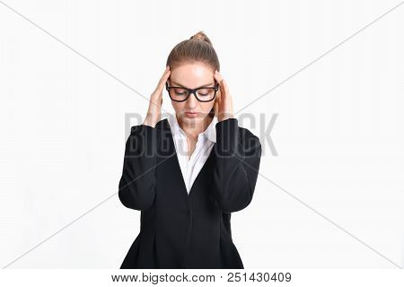 Business Concept. Young Business People Feel Tired In Their Work. Young Businesswoman Suffering From