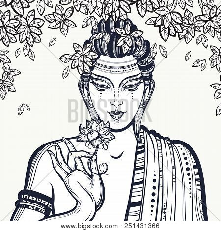Beautiful Graphic Buddha Face Over The Bodhi Tree. Hand-drawn High-quality Vector Composition. Spiri