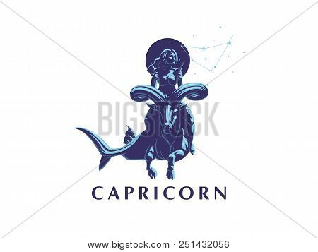 Sign Of The Zodiac Capricorn. A Woman Riding A Horse In Capricorn. Vector Illustration.