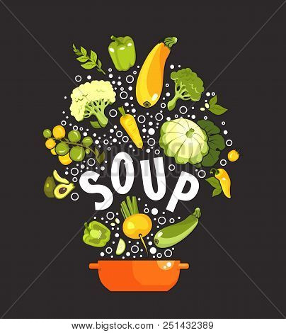 Vector Illustration Set Of Fresh Vegetables On A Black Background Cooking Food Kitchen Accessories, 