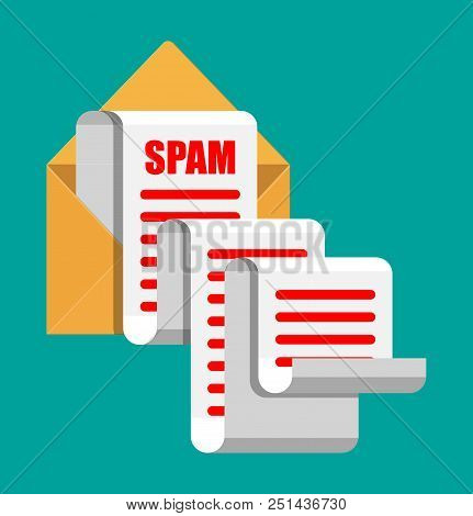 Yellow Paper Enevelope And Spam Mail Concept. Long Emails. Email Box Hacking, Spam Warning, Virus An
