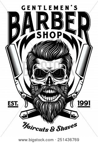 Vintage Bearded Barber Skull With Crossed Razors