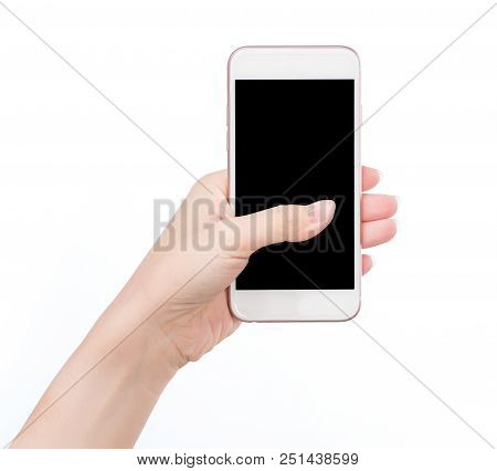 Hand Holding Phone Isolated On White Clipping Path Inside