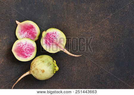 Fresh, Young Turnip On A Concrete Brown Background. Organic Food.