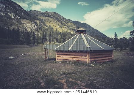 Altai Ail In Mountains. Russia Siberia. Traditional Dwelling Of The Altai And The Peoples Of Mongoli