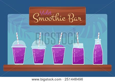 Violet Natural Vitamin Smoothies Vector Set. Fresh Juice Shaken Energy Beverage With Yogurt In Glass