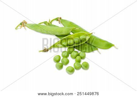 Fresh Green Peas Shelled From The Pods And Several Whole Pea Pods On A White Background