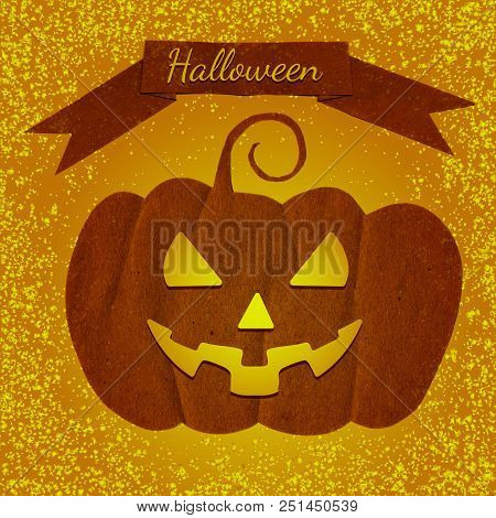 Halloween. 31 October. The Concept Of A Holiday. A Pumpkin With A Carved Terrible Face, A Ribbon Wit