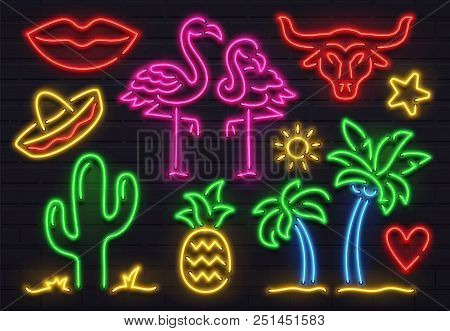 Retro Fashion Neon Sign. Glowing Fluorescent Cactus, Pink Flamingo And Bull Signs Lighting Design. B