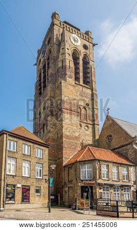 Veurne,belgium - May 20,2018 - View At The Belfry Of Saint Nicolas Church In Veurne. Veurne Is A Cit