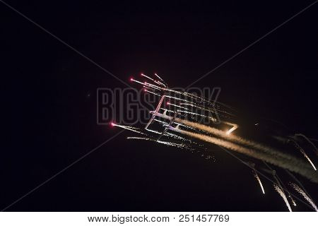 Torre Del Mar, Spain - July 28, 2018: Aerosparks Planes Performing Night Airshow In The Night With F
