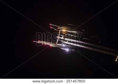 Torre Del Mar, Spain - July 28, 2018: Aerosparks Planes Performing Night Airshow In The Night With F