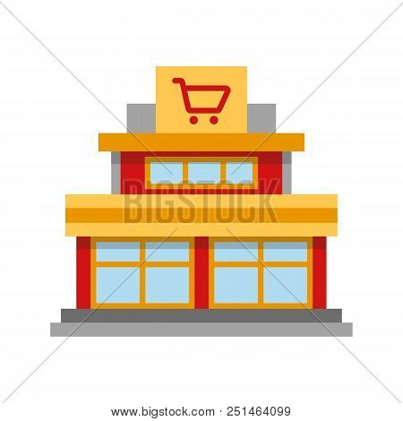 Shopping Centre Flat Design Long Shadow Color Icon. Mall Building. Vector Silhouette Illustration