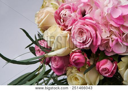 Bouquet Of Flowers Close Up. Beautiful Photo Collage For Floral Design And Card Celebration