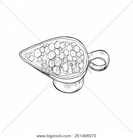 Hand Drawn Cranberry Sauce Isolated On White Background. Sketch Style Berry Jam In Bowl Vector Illus