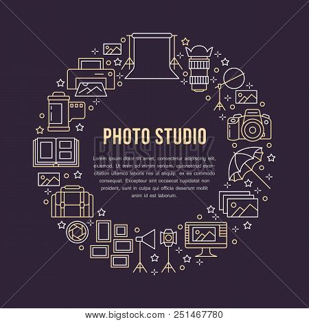 Photography Equipment Poster With Flat Line Icons. Digital Camera, Photos, Lighting Video Cameras, P