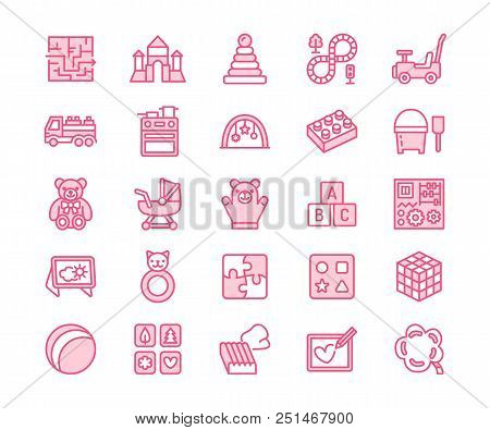 Early Development Baby Toys Flat Line Icons. Play Mat, Sorting Block, Busy Board, Carriage, Toy Car,