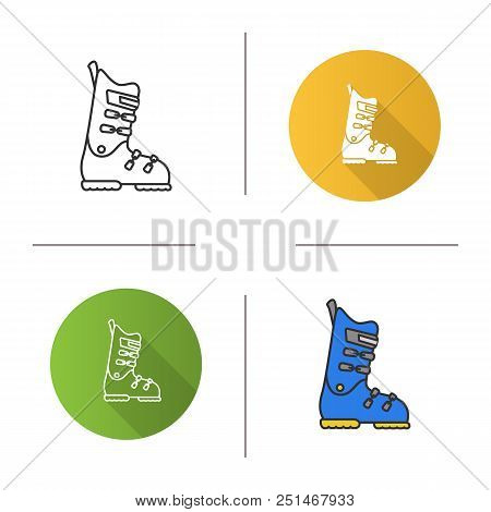 Ski Or Snowboard Boot Icon. Flat Design, Linear And Color Styles. Isolated Vector Illustrations