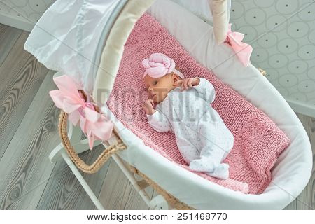 Cute Newborn Baby Girl In Footed Pajama. Moses Basket. Top View.