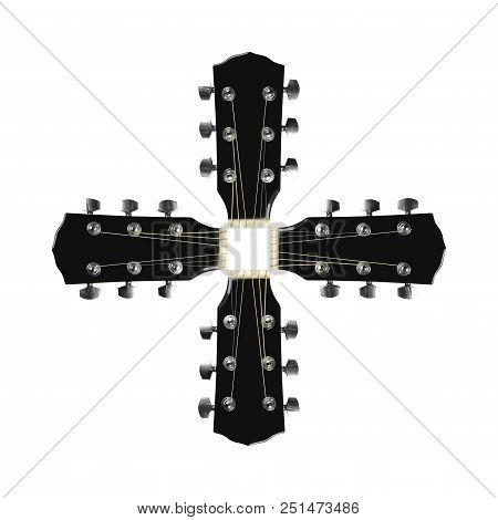 Musical Instrument - Cross From A Headstock Peghead Black Acoustic Guitar Isolated On A White Backgr