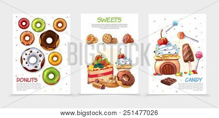 Cartoon Sweets Posters With Donuts Buscuit Cakes Lollipop Ice Cream Chocolate Bar Cookie Colorful Ca