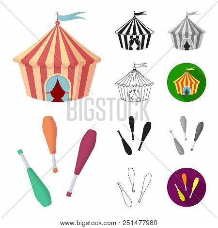 Circus And Attributes Cartoon, Black, Flat, Monochrome, Outline Icons In Set Collection For Design. 