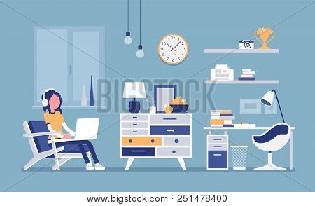 Girl Room Interior Design. Female Modern Apartment Project, Teenage Private Space With Furniture And