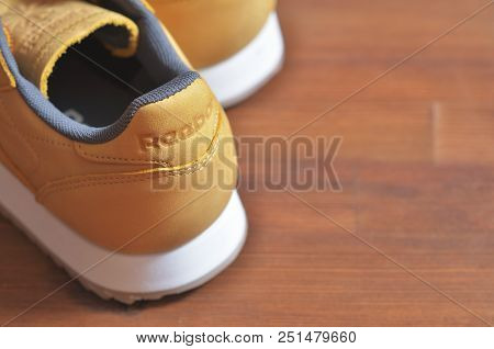 Kiev, Ukraine - May 30, 2018: Reebok Photo Of The Back Of Brown Sneakers