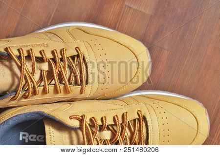 Kiev, Ukraine - May 30, 2018: Reebok Two Brown Sneakers Stand Next To Each Other, A Photo From Above