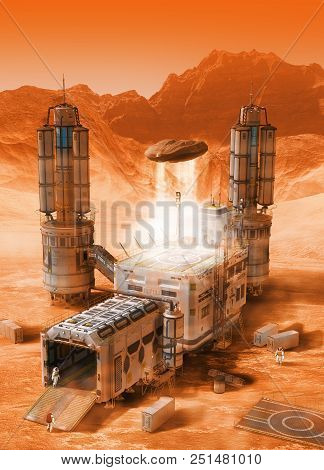Concept Image Of A Futuristic Base On A Red Desert Planet Like Mars, Permanent Settlement, 3d Render