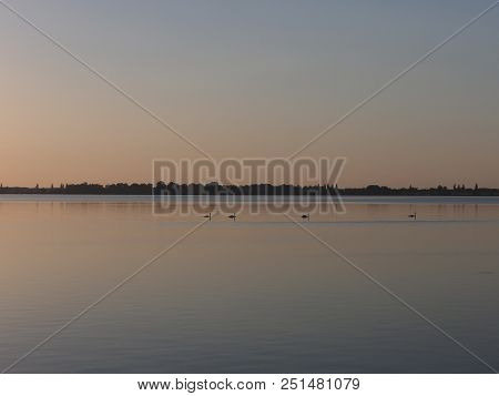 Brilliant Sun Set Over Artificial European Goczalkowice Reservoir And Coastline Near Pszczyna City I