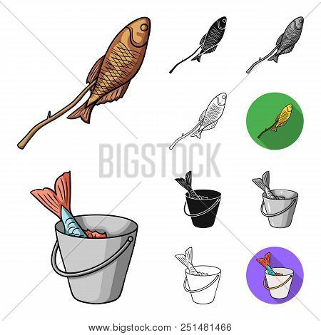 Fishing And Rest Cartoon, Black, Flat, Monochrome, Outline Icons In Set Collection For Design. Tackl