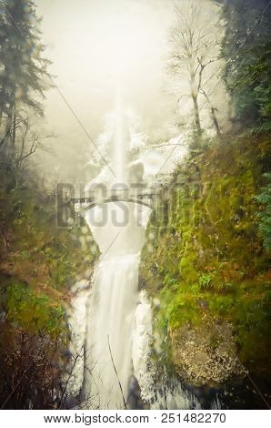 Vintage Tone Icy Multnomah Falls Oregon In Wintertime