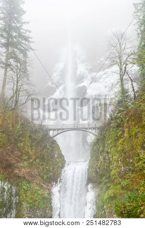 Icy Multnomah Falls Oregon In Wintertime