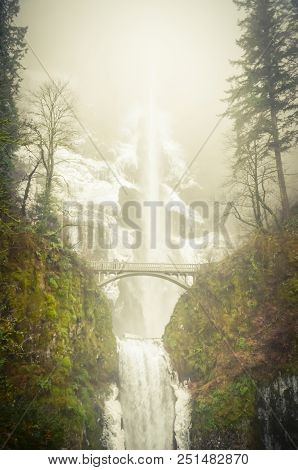 Vintage Tone Icy Multnomah Falls Oregon In Wintertime