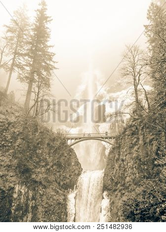 Vintage Tone Icy Multnomah Falls Oregon In Wintertime
