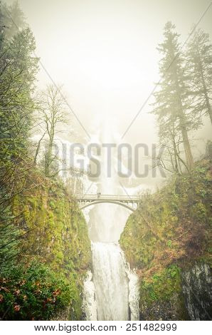 Vintage Tone Icy Multnomah Falls Oregon In Wintertime