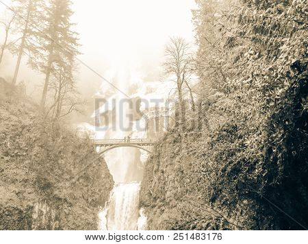 Vintage Tone Icy Multnomah Falls Oregon In Wintertime