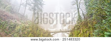 Panorama Icy Multnomah Falls Oregon In Wintertime