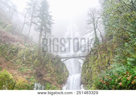 Icy Multnomah Falls Oregon In Wintertime