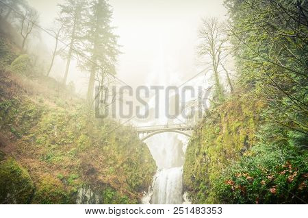 Vintage Tone Icy Multnomah Falls Oregon In Wintertime
