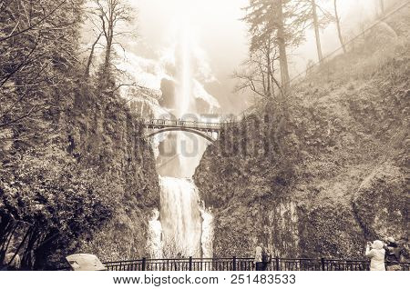 Vintage Tone Main Lookout Of Icy Multnomah Falls Oregon In Wintertime
