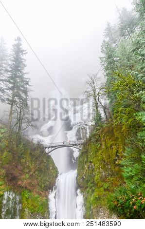 Icy Multnomah Falls Oregon In Wintertime