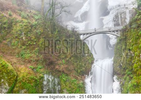 Icy Multnomah Falls Oregon In Wintertime