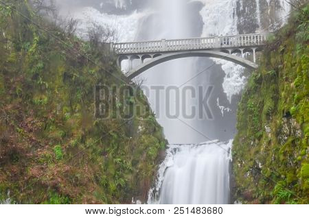 Icy Lower Tier Multnomah Falls Oregon In Wintertime
