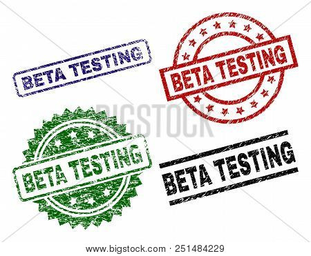 Beta Testing Seal Prints With Distress Style. Black, Green, Red, Blue Vector Rubber Prints Of Beta T